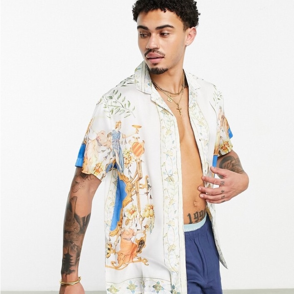 ASOS DESIGN relaxed revere satin shirt in renaissance border print in Size S NWT